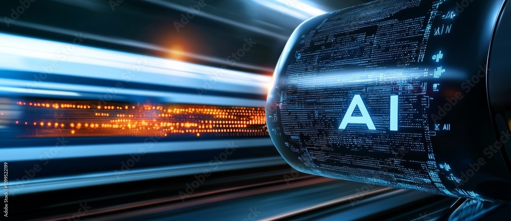 Poster AI concept depicted with an abstract high-speed technology perspective and motion blur.