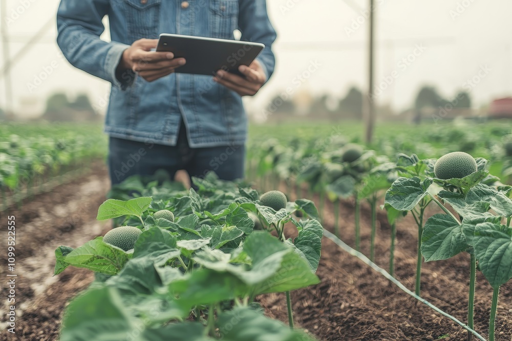 Aufkleber farmer owner using smartpad in greenhouse to check watermelon farm quality and read a report. iot sm