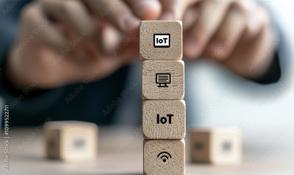 Leinwandbilder women's hand holding wood block stacks with iot (internet of things). hand placing iot of wood cube 