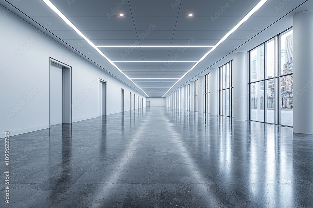 Poster 3D rendering of blank wall in office mockup with large windows and sunlight passing through