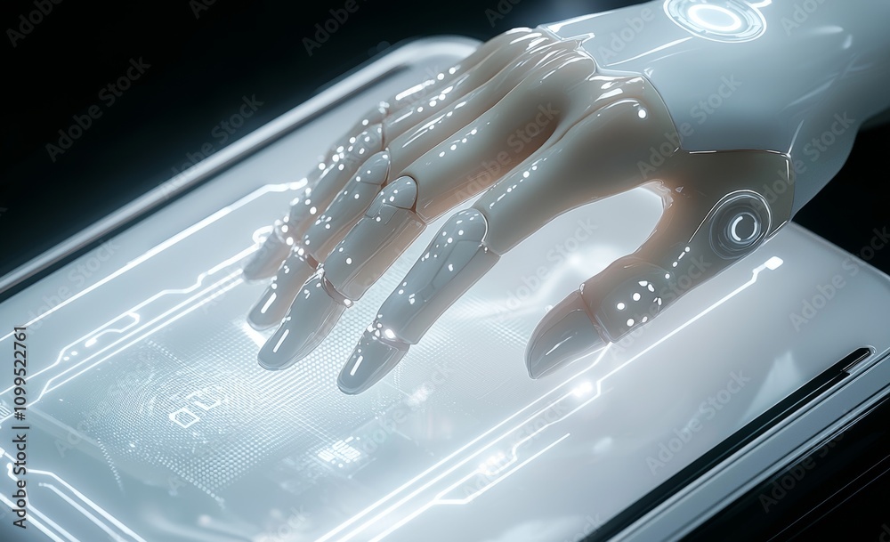 Poster A 3D rendering of a robotic hand typing on a laptop keyboard.