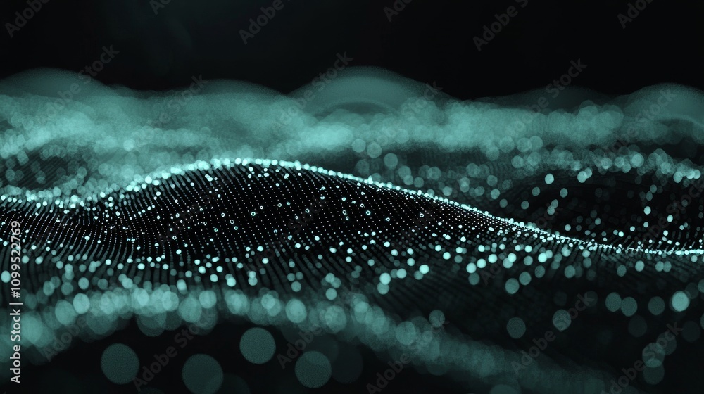 Poster Digital background. Analytics representation. Wave of particles. Rendering in 4K.