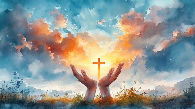 Watercolor illustration of hands with a cross in the sky and clouds
