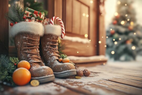 Children's Boots Filled with Holiday Treats by a Cozy Door