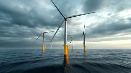 Fototapeta premium Dramatic offshore wind farm with majestic wind turbines reaching skyward their blades slicing through the air and reflecting the movement of the rolling ocean waves