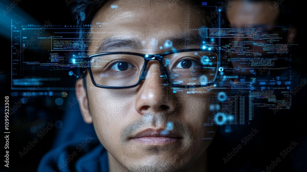 Poster An IT specialist focuses on a personal computer displaying a software program with a coding language interface, while in the background, a technical room of a data center is bustling with