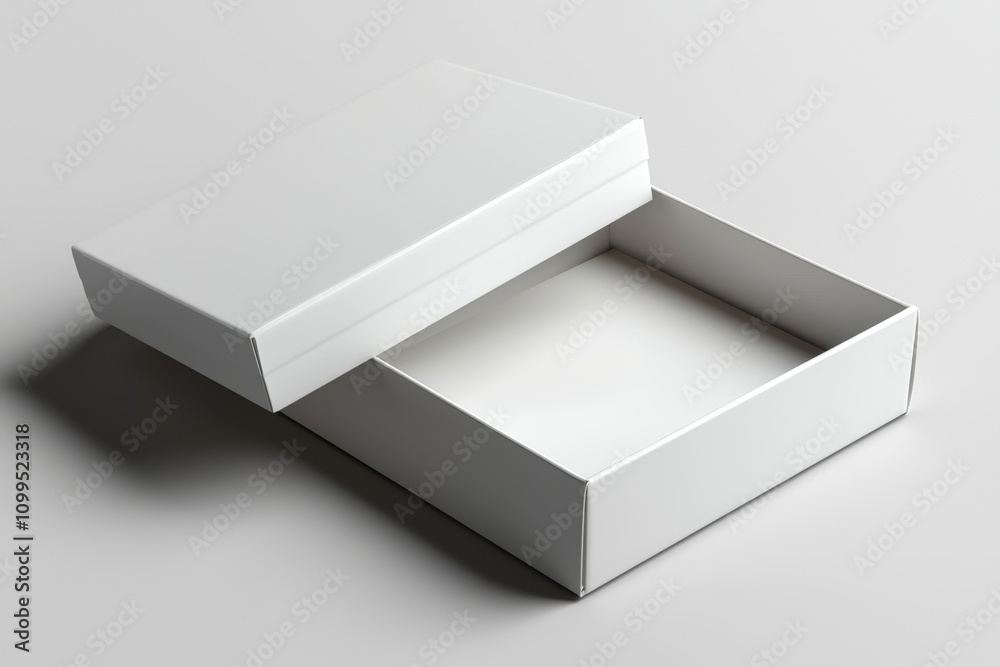 Poster a realistic depiction of a white cardboard box, both open and closed, with paper and a sticker on a 