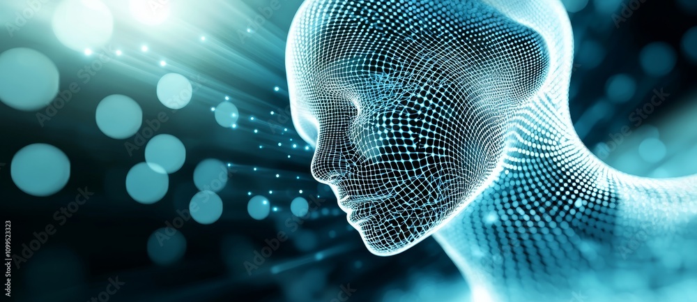 Poster A digital technology flow background featuring a futuristic pattern of dots with a dynamic wave, created using 3D rendering.