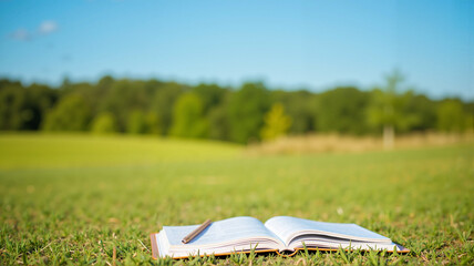 Open book lying on grass outdoors on a sunny day