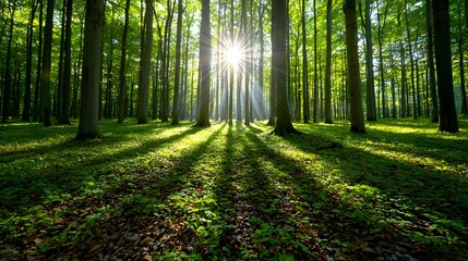 Obraz premium A dense forest teeming with diverse plant species, sunlight filtering through the leaves, showcasing the harmony of nature and carbon absorption