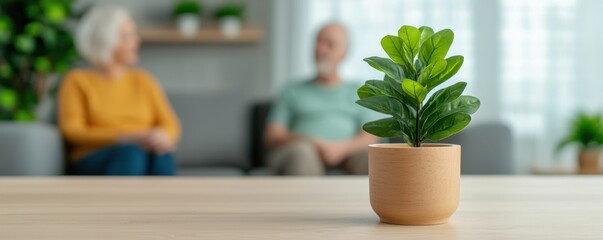 Retirement Insurance concept. Retirees in a modern living room discussing a home improvement project, pension management, creativity and productive aging