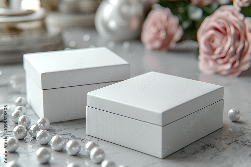 Aufkleber Blank white flat square gift box with flap lid in open and closed state on white background. Clipping path around box mock up.