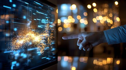 A dynamic corporate event with attendees gathered in small groups, discussing strategies, handshakes exchanged, and screens displaying presentations in the background