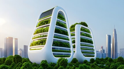 A futuristic city fully integrated with green forests, carbon-negative buildings covered in plants, representing a sustainable future