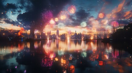 A dockside New Year's Eve party, with fireworks exploding in the sky and their colors mirrored in the surrounding water 