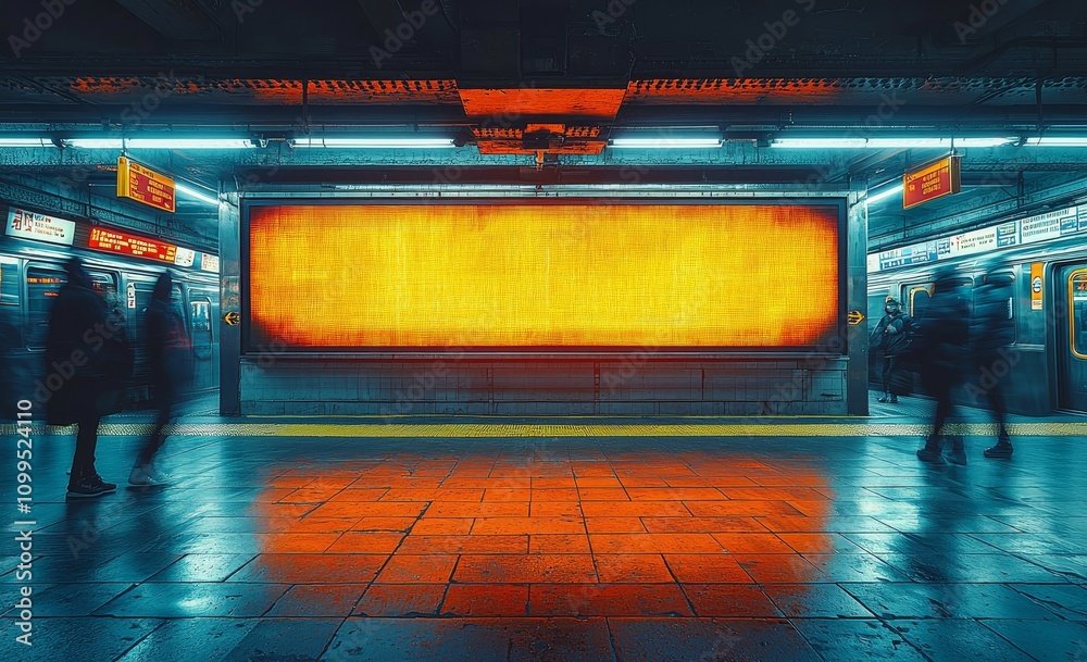 Aufkleber Realistic 3D render of ads displayed in a NYC subway station with a train moving in the background.