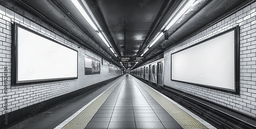 Poster mockup poster media template displaying ads in nyc subway stations on the background of moving train