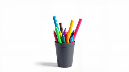 Colorful markers in a cup on a white background