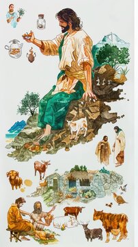 A series of stylized watercolor depictions of Jesus parables