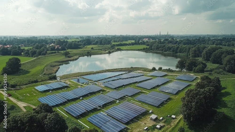 Poster sustainable development in an industrial landscape with different energy sources.