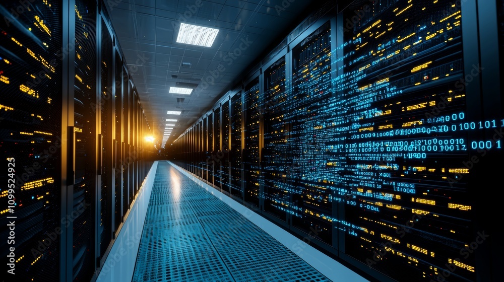 Poster A functional data center packed with rack servers and supercomputers, representing modern telecommunications and supercomputer technology, depicted in a 3D rendering.