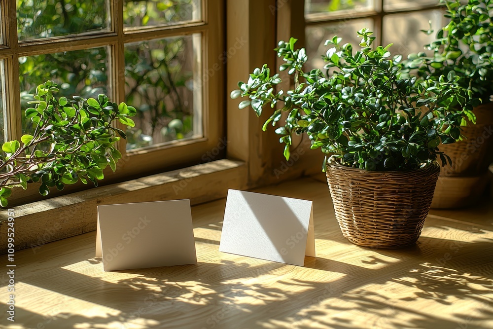 Poster a blank paper sheet card with mockup copy space in flowers and shadows on a beige background. a flat