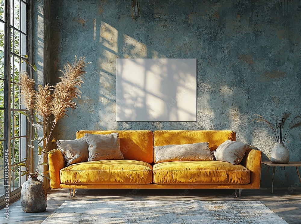 Poster the yellow sofa in a bohemian style is mocked up in this mockup poster.