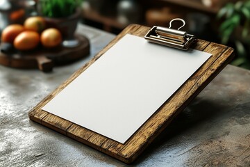 Fototapeta premium The image depicts a real wooden clipboard with a mockup template for blank A4 paper isolated on a light grey background. High resolution.