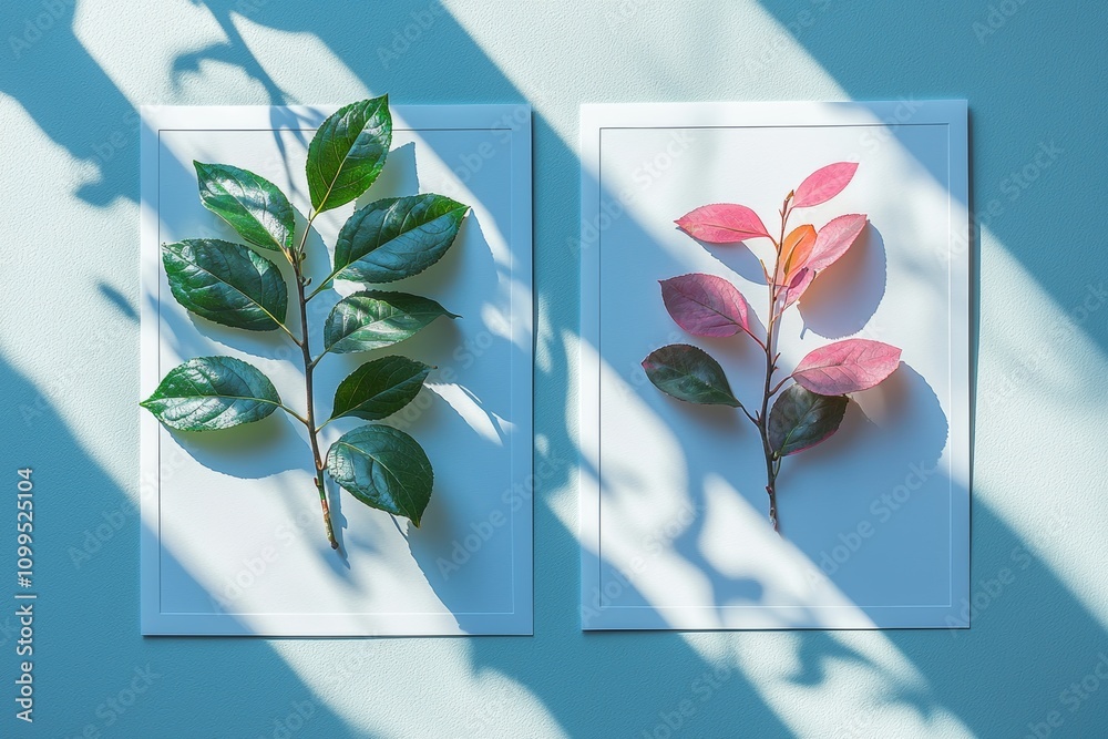 Poster vertical sheets of textured white paper on soft gray table background. plant shadow overlay. natural