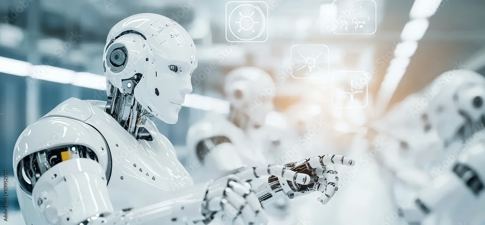 Poster futuristic technology for smart automation using stock, machine learning, digital twin, 5g, big data
