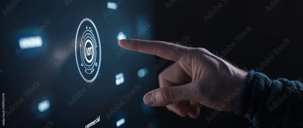 Poster Hand pressing the button on the screen of an Internet of Things device.
