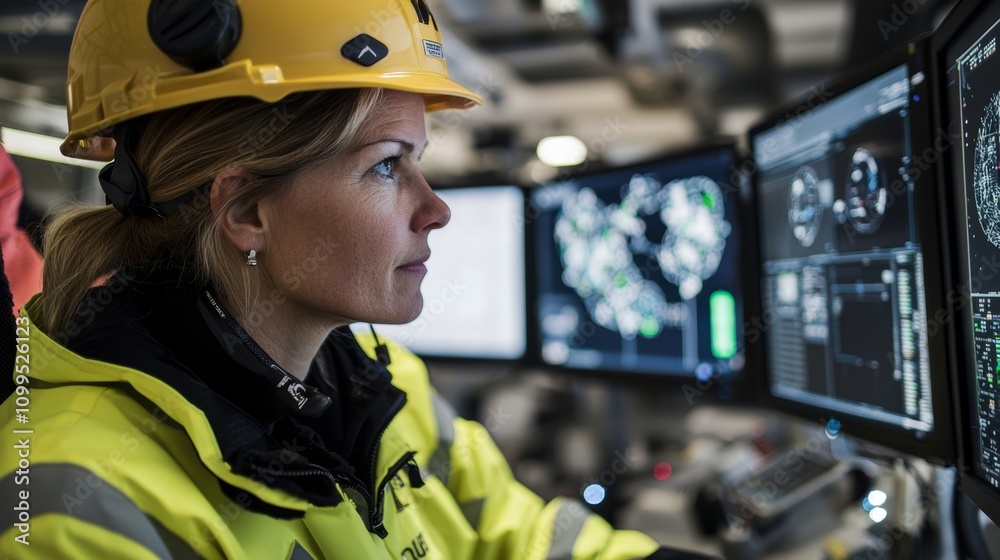 Poster A modern factory with Industry 4.0 technology shows a female operator controlling a production line. She uses a computer screen showing complex interfaces on which on-screen displays show processes,