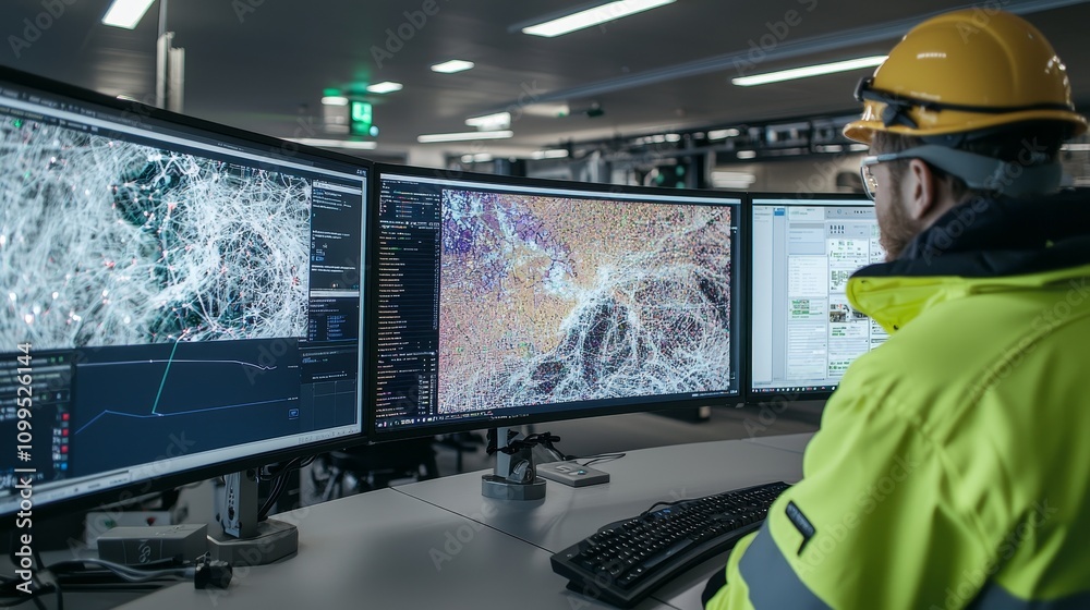 Fototapete A project engineer talks to a female operator who uses a computer with screen showing AI, Machine Learning enhanced assembly processes to control the facility's production line.