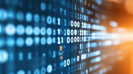 Blurred binary numbers with a blue and orange glow, representing data processing, digital technology, and futuristic computing themes.