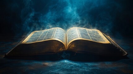 Holy Bible. Open book on wooden table in dark room with rays of light coming from above