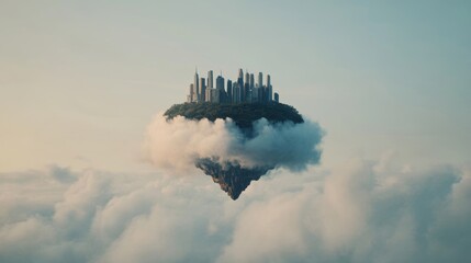 Fototapeta premium A surreal image of a futuristic city resting atop a cloud, blending fantasy elements with urban architecture in the sky.
