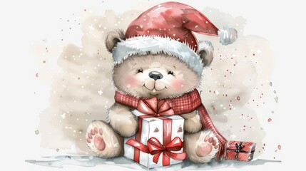 Fototapeta premium Cute bear wearing a Christmas hat and scarf