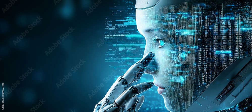 Poster in the smart city's digital realm, a metaverse with a 3d ai stock robot engineer ensures digital tec