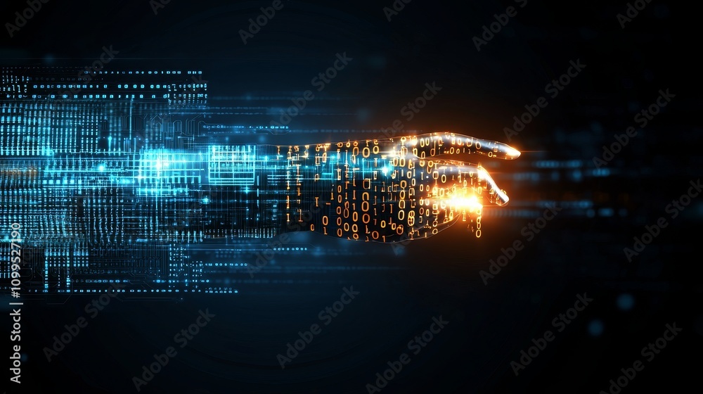 Poster The concept of blockchain involves futuristic information technology and big data binary code, illustrating the flow and transfer of large data sets through interconnected data blocks, representing a