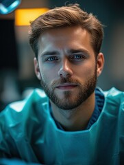 Fototapeta premium Man with a beard and a blue shirt , health professional