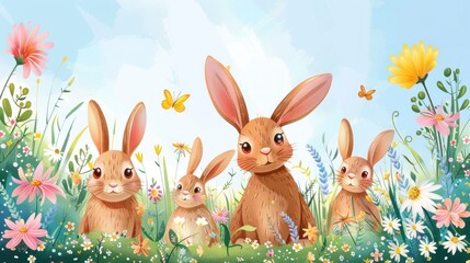 Fototapeta premium Happy rabbit family in blooming spring meadow.