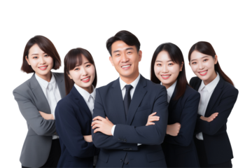 Group of smiling business asian people in suits on transparent background. Groups of people in business attire. Rich asian man and women. Business leader. Startup boss. Isolated image. PNG cut out.