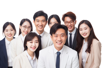 Group of smiling business asian people in suits on transparent background. Groups of people in business attire. Rich asian man and women. Business leader. Startup boss. Isolated image. PNG cut out.