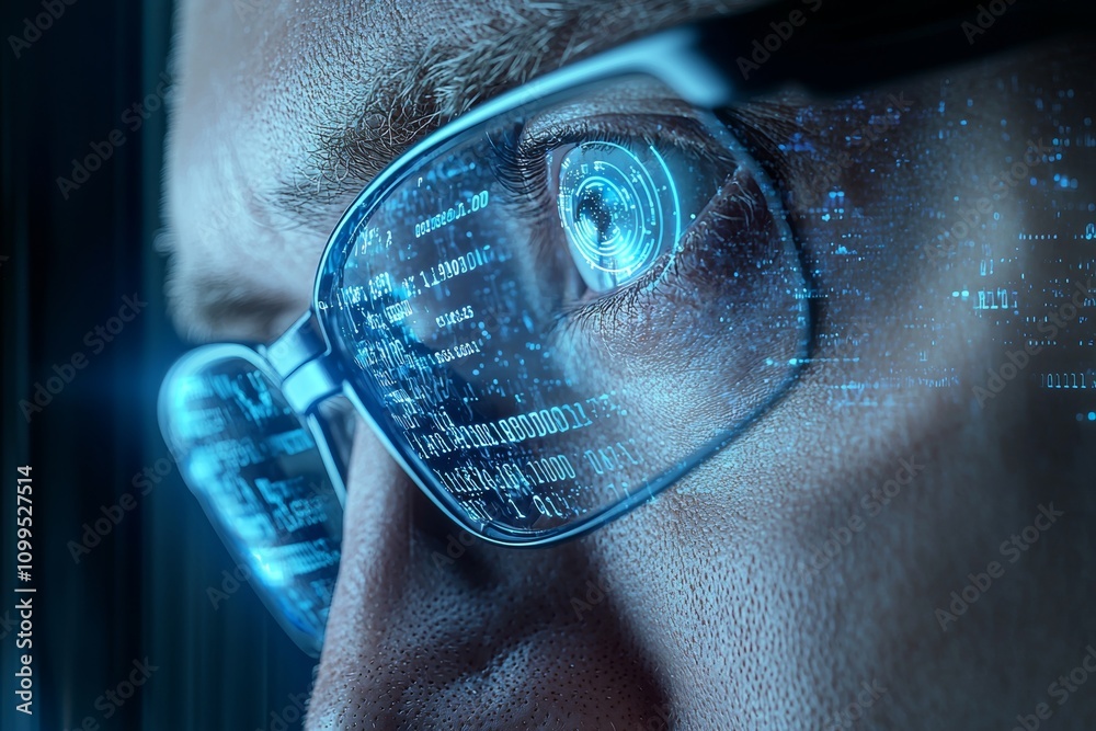 Poster A software developer or hacker wearing glasses is seated at his desk, working on a futuristic transparent computer in a digital identity cybersecurity data center, engaged in hacking or programming.