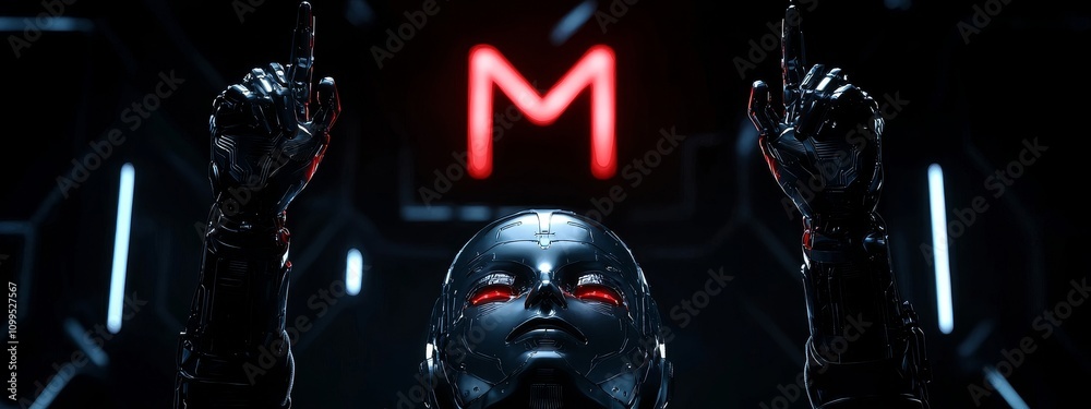 Poster The backdrop of a 3D humanoid AI robot in the metaverse cyberspace digital world, symbolizing the revolution of AI stock in the automated digital technology industry 4.0.