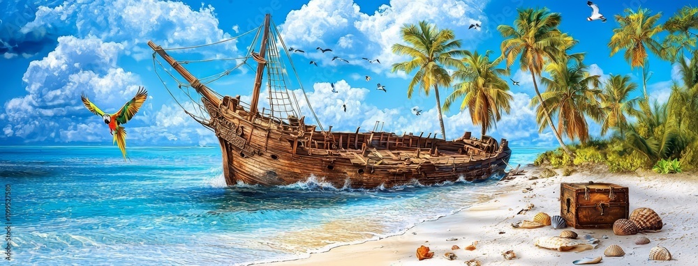 Poster 3d rendering of a stranded wooden boat under the palm tree with a beautiful sea view