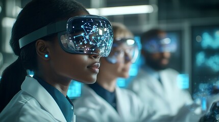 A diverse group of scientists in a high-tech laboratory, using augmented reality headsets to analyze complex molecular structures displayed as holograms