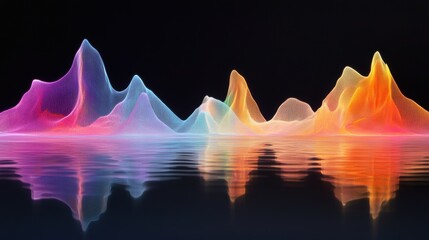 A surreal image of glowing neon waves in vibrant colors reflected on a dark, glossy surface with a futuristic feel.