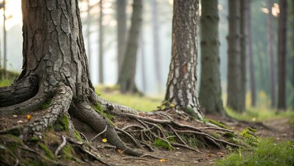 Tree trunks and roots in the foreground with a blurred forest background featuring distinct cortex bark textures, woody, natural, wood