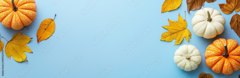 Aufkleber the top view of fresh pumpkins with autumn leaves and crops on a blue background is rendered in 3d.